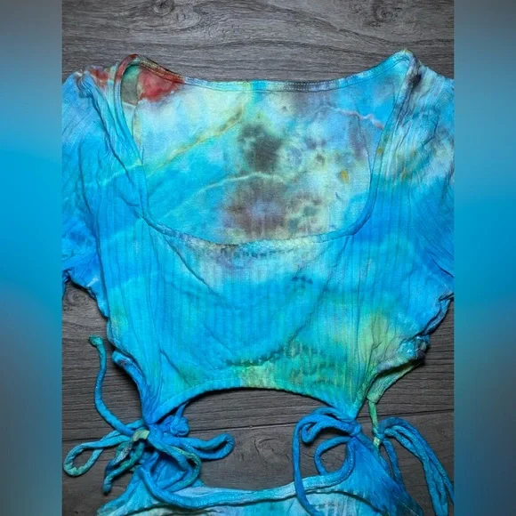 EUC Handmade OOAK Custom Hand Dyed Long Sleeve Square Neck Ruched Mini Dress - Picture 4 of 11